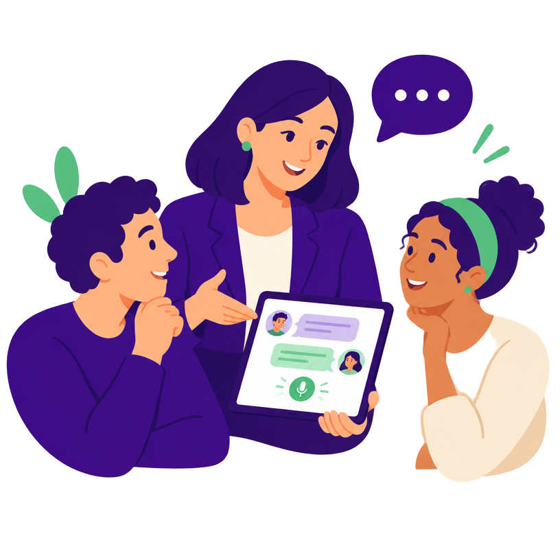 Illustration : un formateur accompagne deux apprenants qui pratiquent une conversation sur tablette