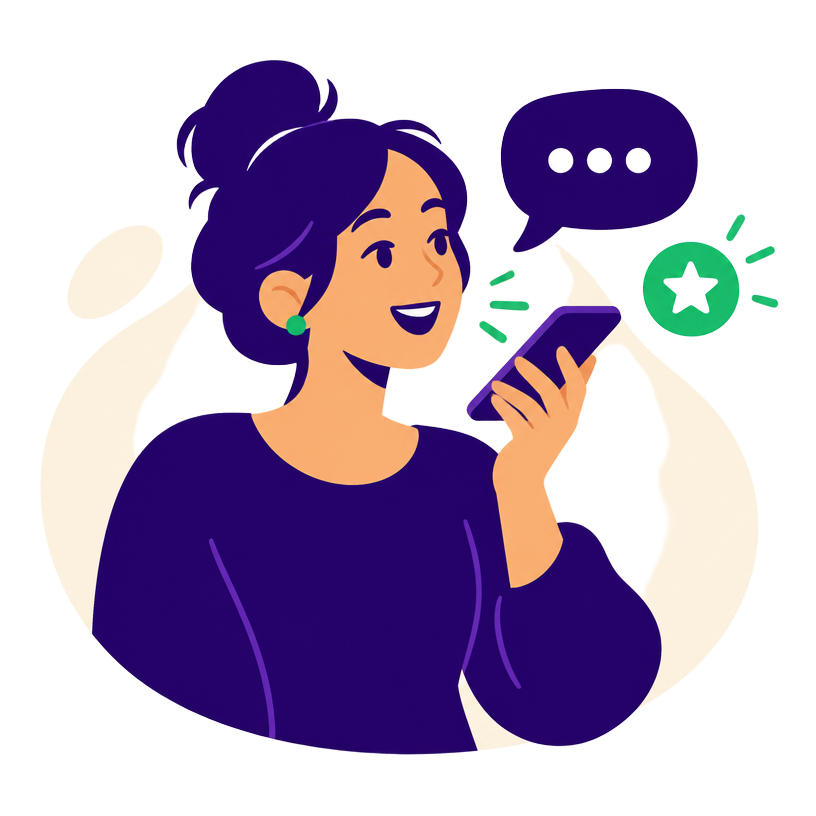 Illustration : une personne parle avec confiance dans son téléphone et reçoit un retour positif