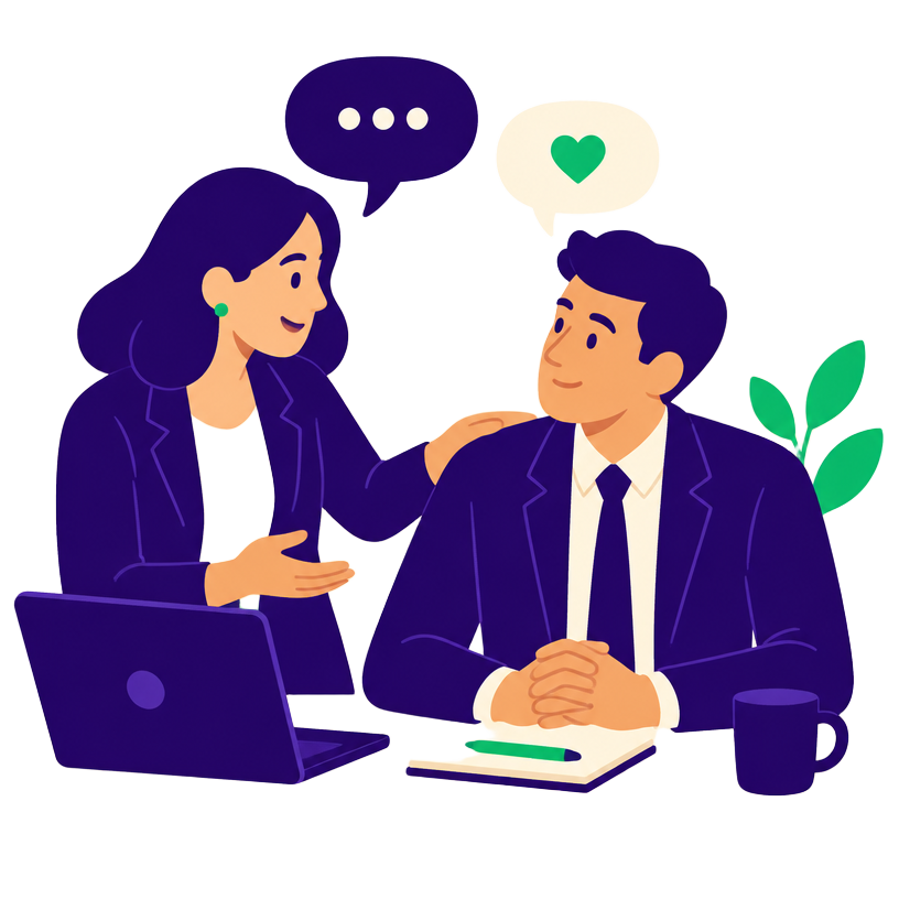Illustration : deux collègues en conversation au bureau, l'un encourageant l'autre