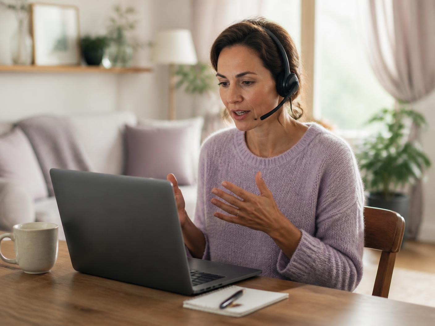 Personne qui répond à voix haute avec un casque-micro devant son ordinateur portable.