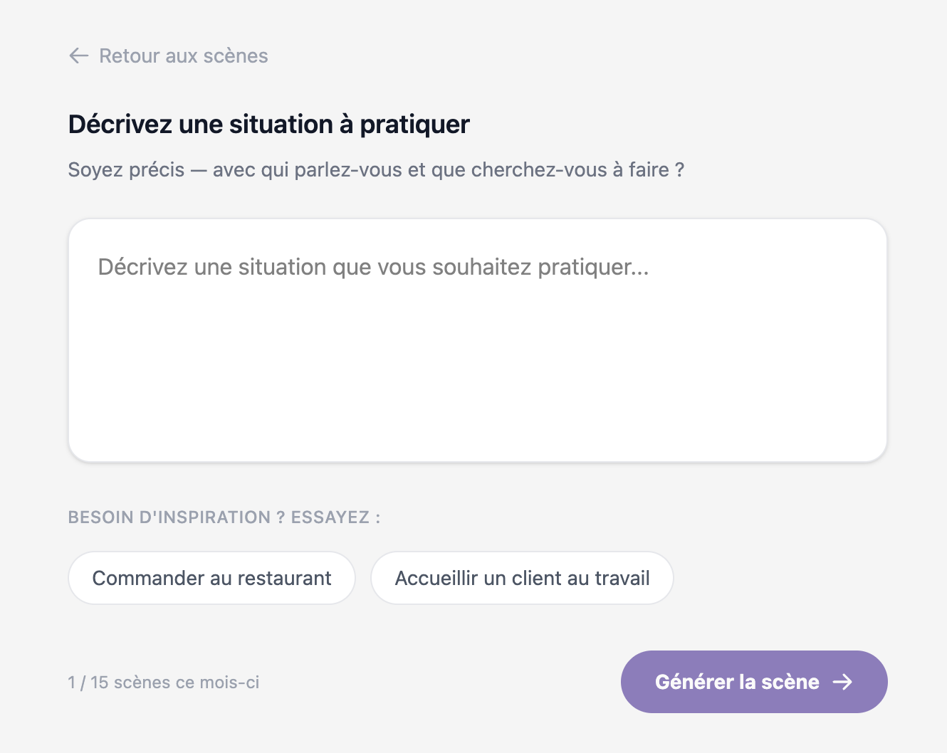 Interface de création de scène permettant de décrire une situation avant de générer une simulation orale.