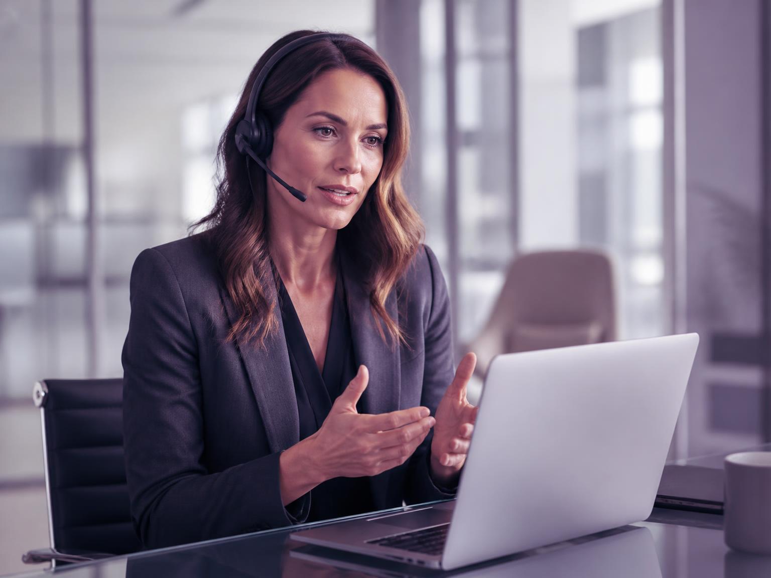 Professionnelle en tenue d'affaires pratiquant une conversation orale avec un casque-micro au bureau