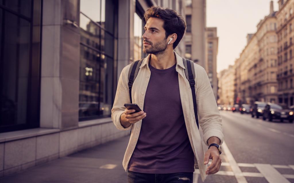 Jeune adulte marchant en ville, téléphone en main et écouteurs aux oreilles.