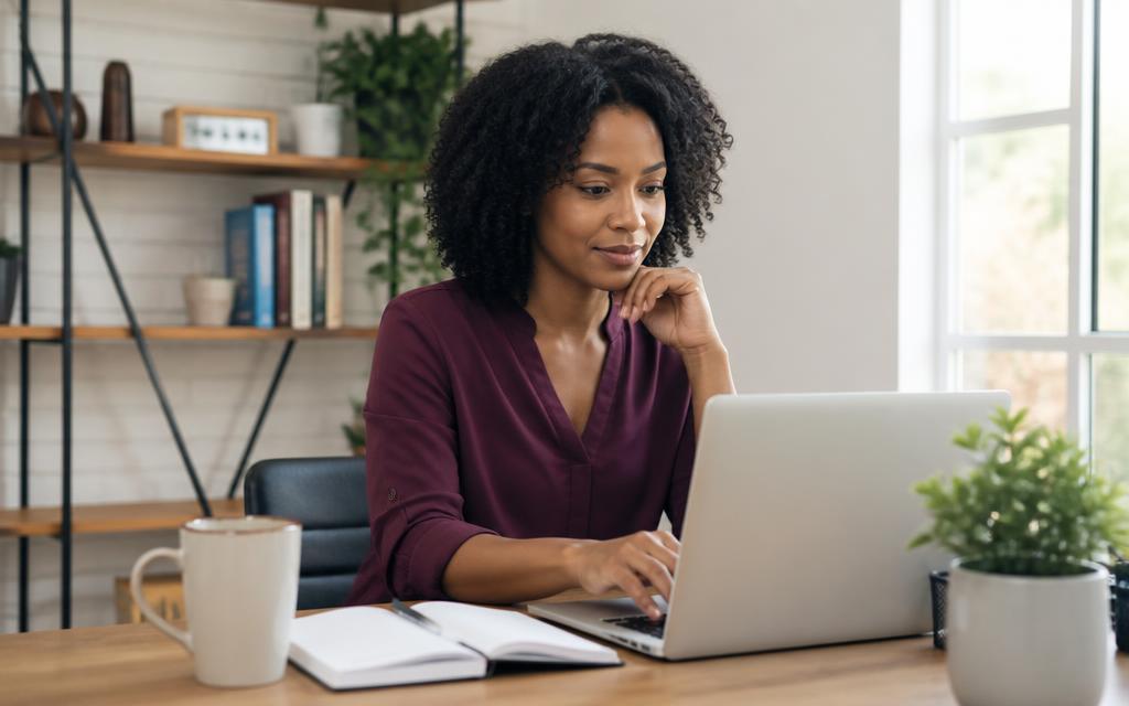 Femme noire concentrée devant son ordinateur portable en train de créer une scène de conversation.