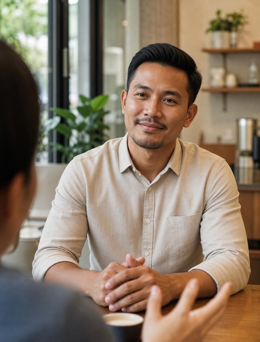 Personne échangeant avec un interlocuteur dans un contexte de service quotidien.